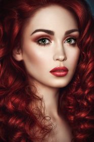 دانلود پرتره یک زن سرخ زیبا با موهای مواج و چشم های سبز که به دوربین نگاه می کنند
