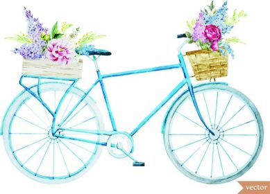 دانلود تصویر آبرنگ دوچرخه با گل ، وکتور