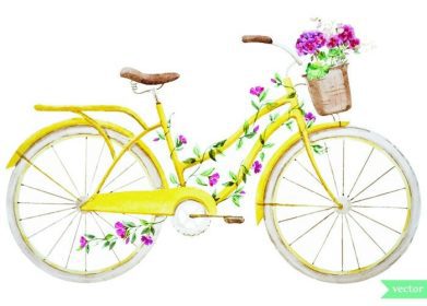دانلود تصویر آبرنگ از یک دوچرخه زرد با گل های هیرانسانس