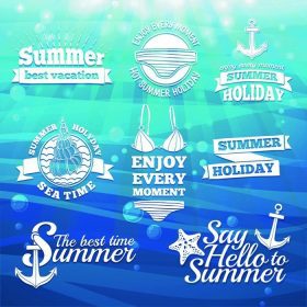 دانلود طراحی قالب آرم سفید ، برچسب ، نشان ، چاپ برای تعطیلات تابستانی و تعطیلات. عناصر دریایی و لباس شنا. پس زمینه دریا w