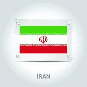 دانلود بشقاب شیشه ای ایران پرچم با نگهدارنده های فلزی – برچسب نام کشور در پایین – تصویر برداری پس زمینه خاکستری