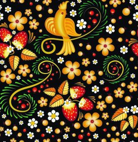 دانلود الگوی وکتور بدون درز به سبک خوخلوما – نقاشی سنتی روسی با پرنده ، توت فرنگی و گل ها با پس زمینه سیاه