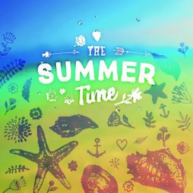 دانلود مجموعه ای از عناصر تابستانی مناظر ساحل تاری ، گل صدف ، گل ، لنگر ، ستاره دریایی ، آسمان با خورشید. دست کشیده شده به سبک. typog