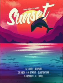 دانلود پوستر وکتور تابستان غروب آفتاب با دلفین.پس