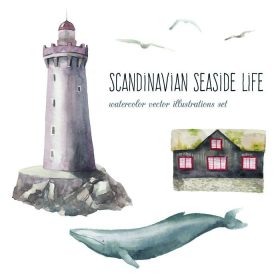 دانلود مجموعه زندگی ساحلی اسکاندیناوی آبرنگ. اشیاء بردار دستی کشیده شده از خانه ساحل شمالی ، فانوس دریایی ،