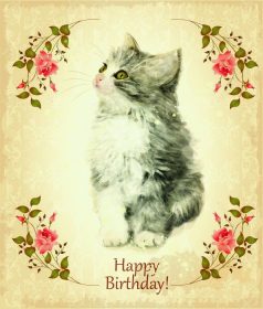 دانلود کارت تولدت مبارک با بچه گربه کرکی. تقلید از نقاشی با آبرنگ. سبک پرنعمت