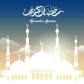 دانلود تبریک ماه مبارک رمضان کریم با نامه‌های خطاطی مساجد و دستنوشته‌ها در پس زمینه نمای شبانه شهر. وکتور تصویرسازی_002
