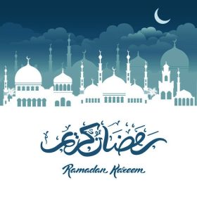 دانلود تبریک ماه مبارک رمضان کریم با نامه‌های خطاطی مساجد و دستنوشته‌ها در پس زمینه نمای شبانه. وکتور تصویر_001
