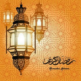 دانلود تبریک ماه مبارک رمضان کریم با لامپ زیبا و روشن عربی و دست نوشته های خوشنویسی با زمینه تزئین شده. تصویر برداری