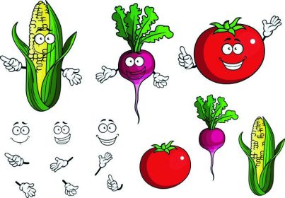 دانلود سبزیجات کارتونی خوشحال سالم با و بدون لبخند صورت و دست از جمله ذرت ، تربچه و گوجه فرنگی