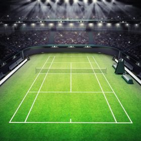 دانلود زمین تنیس چمن و استادیوم پر از تماشاگران با موضوع ورزشی تنیس چراغهای روشن ، طرح زمینه من را نشان می دهد