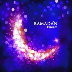 دانلود ماه تزئینی براق در زمینه بنفش بوکه برای وقایع جامعه اسلامی. عید شما مبارک؛ تبریک ماه مبارک رمضان. تصویر برداری جشن