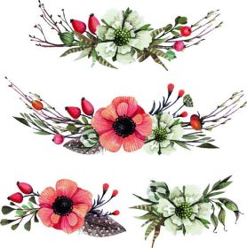 دانلود وکتور مجموعه ای از ترکیبات گل به سبک آبرنگ. خشخاش ، پرها ، شاخه ها و انواع توت ها در WA