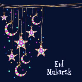 دانلود جشنواره جامعه مسلمانان ، کارت تبریک جشن عید مبارک که با قمرهای رنگارنگ و ستارگان به رنگ آبی آویزان شده تزئین شده است
