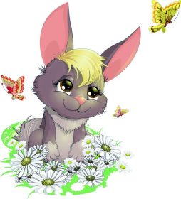 دانلود خرگوش زیبا در زمینه گلهای مروارید در بین پروانه ها
