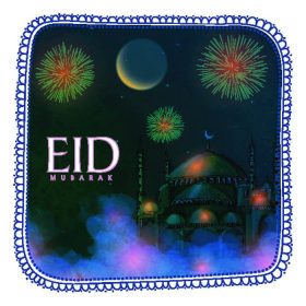 دانلود جشنواره جامعه مسلمانان ، کارت تبریک جشن عید مبارک با مسجد و هلال ماه در زمینه شب آتش بازی.