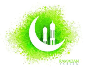 دانلود مسجد خلاق سفید در ماه بر روی هلال براق بر روی زمینه سبز رنگ پاشیده برای نماز مقدس مقدس اسلامی ، جشن ماه رمضان کریم