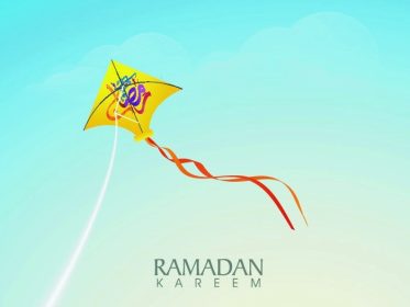 دانلود بادبادک زرد براق با خطاطی رنگی عربی اسلامی متن رمضان کریم ، که برای ماه مبارک مسلمانان در آسمان ابری پرواز می کند.پس