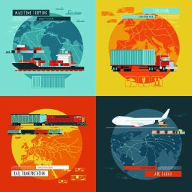 دانلود حمل و نقل دریایی و حمل و نقل هوایی لجستیک در سراسر جهان 4 آیکون مسطح بنر ترکیب بنر انتزاعی انتزاعی تصویر