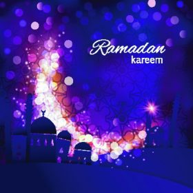 دانلود پیشینه تبریک ماه رمضان. نمای مسجد در پس زمینه شب بنفش براق. تصویر برداری