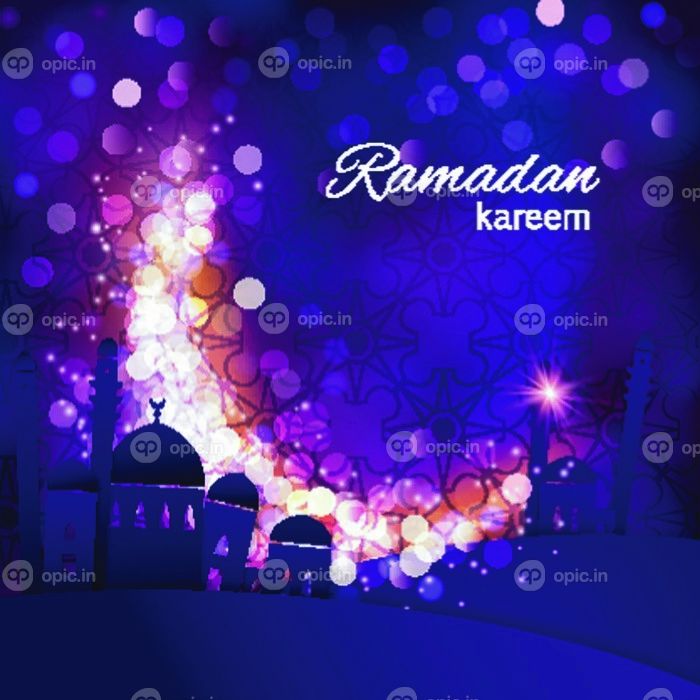 دانلود پیشینه تبریک ماه رمضان. نمای مسجد در پس زمینه شب بنفش براق. تصویر برداری