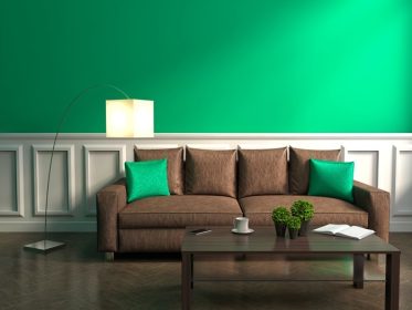 دانلود فضای داخلی سبز با کاناپه ، لامپ و میز