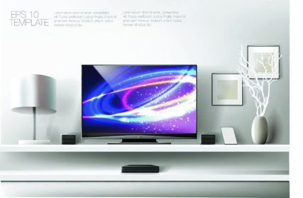 دانلود قفسه سفید مدرن با تلویزیون و سیستم صوتی مسطح. قالب گرافیکی وکتور غنی