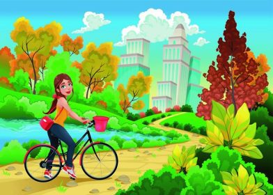 دانلود بانوی دوچرخه در یک پارک شهری. تصویر برداری کارتونی