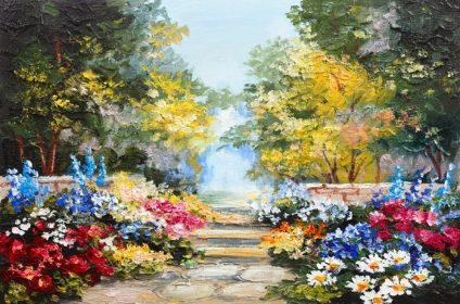 دانلود چشم انداز نقاشی روغن – جنگل تابستانی رنگارنگ ، گلهای زیبا