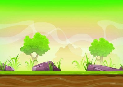 دانلود Season Forest Landscape For Ui Game نمایش تصویر کارتونی بدون درز پس زمینه جنگل طبیعت سبز با چمن ، سنگ و درخت برای بازی ui