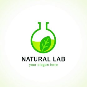 دانلود لوگو برای شرکت های دارویی یا آزمایشگاه های آزمایش سریع لامپ با برگ سبز. آرم آزمایشگاه طبیعی