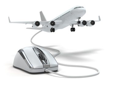 دانلود رزرو آنلاین پرواز یا مفهوم مسافرت. ماوس و هواپیما کامپیوتر. سه بعدی