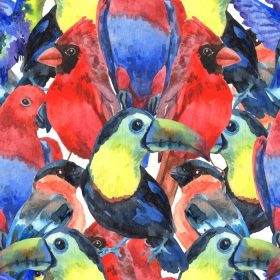 دانلود پرندگان گرمسیری ترکیب رنگارنگ الگوی بدون درز برای چاپ روی صفحه نمایش با طوطی ها و سرهای توکان تصویر برداری انتزاعی