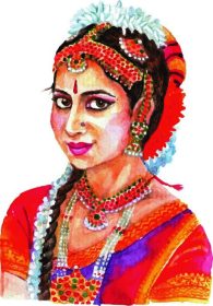 دانلود پرتره بانوی زیبا هندی در لباس زنانه و آرایش زنانه سنتی وکتور آبرنگ قرمز وکتور تصویر برداری انتزاعی