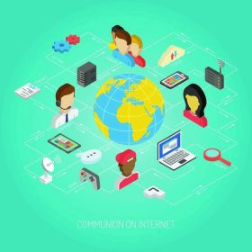 دانلود مفهوم فلوچارت اینترنت با آیکون اتصال به وب و ایزومتریک ایزومتریک و تصویر برداری کره زمین