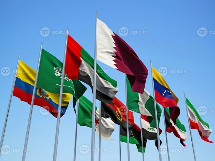دانلود كشورهاي اوپك ، پرچم هايي كه در باد با زمينه زمين آسماني موج مي زند. تصویر سه بعدی