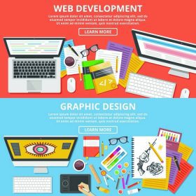 دانلود توسعه وب ، طراحی گرافیک مفاهیم تصویرسازی تخت تنظیم شده است. مفاهیم طراحی تخت برای بنرهای وب ، وب سایتها ، مواد چاپی