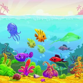 دانلود تصویر برداری کارتونی خنده دار زیر آب با حیوانات دریایی ، اندازه مربع