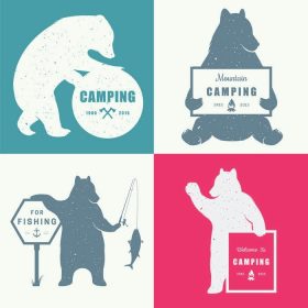 دانلود خرس تصویر سازی با کمپینگ نشانه – اثر گرانج. خرس خنده دار با نماد اردوگاه و برای ماهیگیری که بر روی رنگ سفید جدا شده است