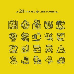 دانلود مجموعه سفرهای سیاه و باریک ، خطوط ، نمادهای خلاصه ای از تعطیلات تابستانی ، گردشگری و سفر. موارد سفر در desig مسطح