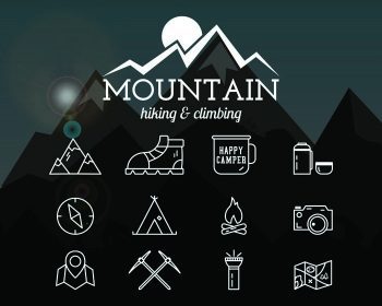 دانلود نشان تابستانی کوهستان ، الگوی آرم و برچسب. نمادهای سفر ، پیاده روی ، کوهنوردی. نازک