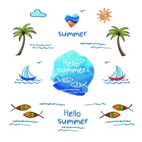 دانلود سلام بر تابستان. نماد تابستان. درختان نخل ، خورشید ، دریا ، ماهی و قلب برای طراحی شما. Doodles ، طرح. قلب و