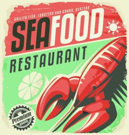دانلود پوستر رستوران یکپارچه با غذای دریایی یکپارچه با براق و برش لیمو. تخصص های ماهی پرنعمت روی تخته های قدیمی امضا می شوند