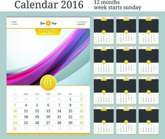 دانلود تقویم دیواری 2016. الگوی وکتور با مکانی برای عکس. 12 ماه. هفته از یکشنبه آغاز می شود.