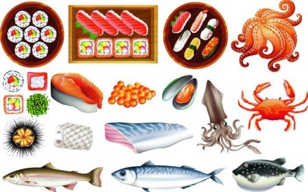 دانلود غذاهای دریایی و سوشی خام در سینی قرار دارند