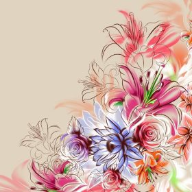 دانلود الگوی بدون درز گلهای عجیب و غریب گرمسیری که به رنگ مداد و آبرنگ کشیده شده اند. گلهای رز ، لیلی و ارکیده. نقاشی روسی Khokhloma style