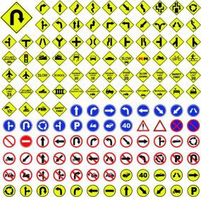دانلود علامت راهنمایی و نشانه راهنمایی و رانندگی به رنگ زرد قرمز نشانگر راه راه مجموعه تصویر برداری در زمینه سفید