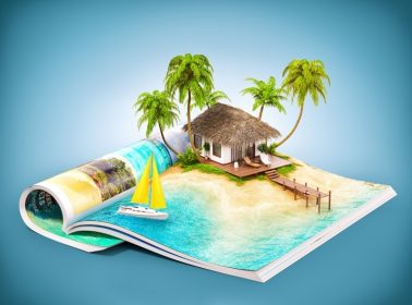 دانلود جزیره گرمسیری با یک خانه ییلاقی و اسکله در صفحه مجله باز شده. سفر غیر معمول illustr