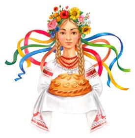 دانلود به اوکراین خوش آمدید. زن اوکراینی با نان و نمک. تاج دخترانه اوکراینی و لباس های سنتی. طراحی دستی