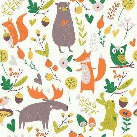 دانلود پس زمینه بدون درز جنگل پاییزی با خرس ناز ، خرگوش ، سنجاب ، گوزن ، جغد ، روباه ، گل ، قارچ ، پرندگان و قلب ها به سبک کارتونی